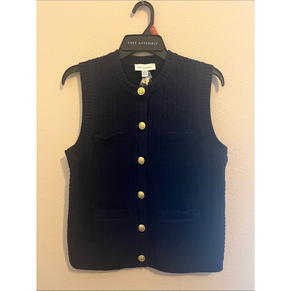 Free Assembly Navy Cable Knit Button Vest with Gold Buttons - Picture 6 of 9